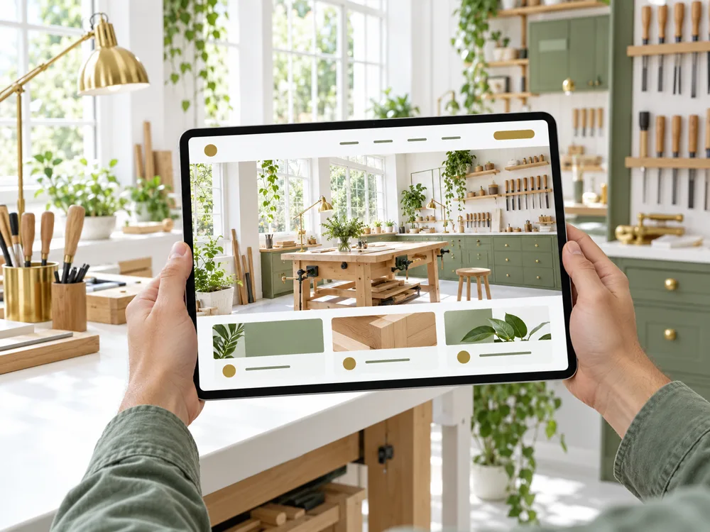 Zwei Hände halten in einer hellen Werkstatt ein Tablet mit salbeigrüner Website und großem Werkstattfoto.