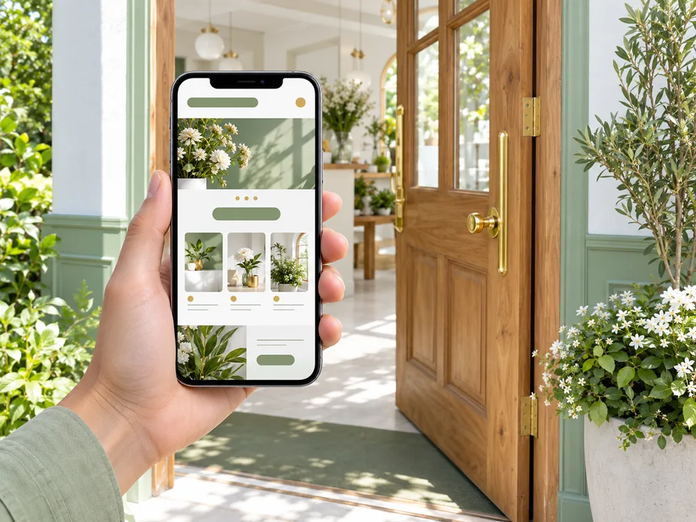 Hand hält ein Smartphone mit salbeigrüner Website vor einer offenen Holztür mit Blumentopf im Morgenlicht.