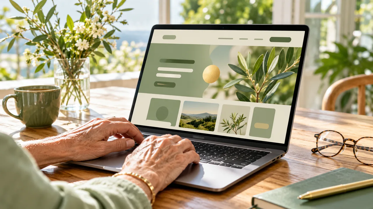 Ältere Hände tippen auf einem Laptop mit salbeigrüner Website; daneben liegen Lesebrille und Tasse auf einem Holztisch