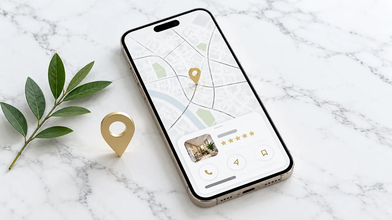 Smartphone mit Kartenansicht und goldener Standortnadel als Symbol für das Google-Unternehmensprofil