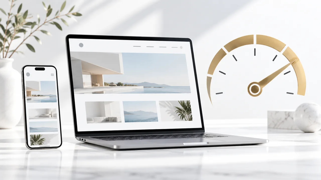 Laptop und Smartphone mit einer Website, daneben ein goldener Tacho als Symbol für Ladezeit