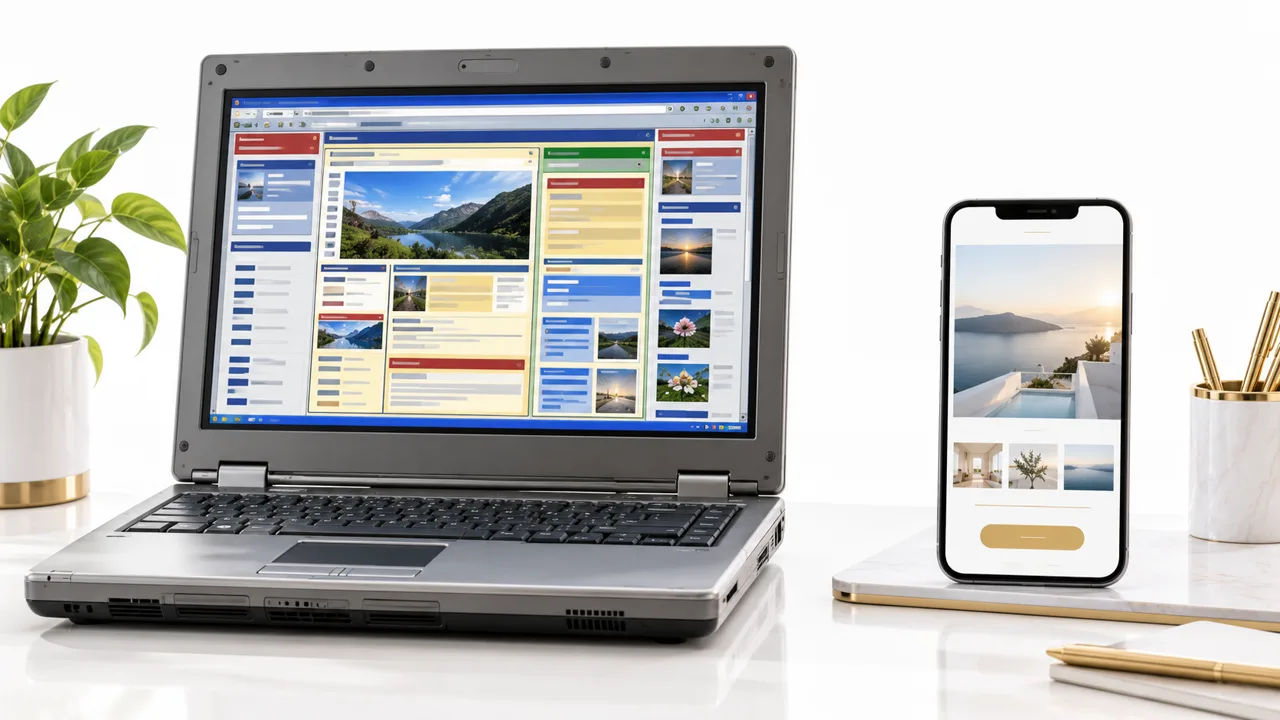Älterer Laptop mit dichter Website neben einem Smartphone mit übersichtlicher neuer Website