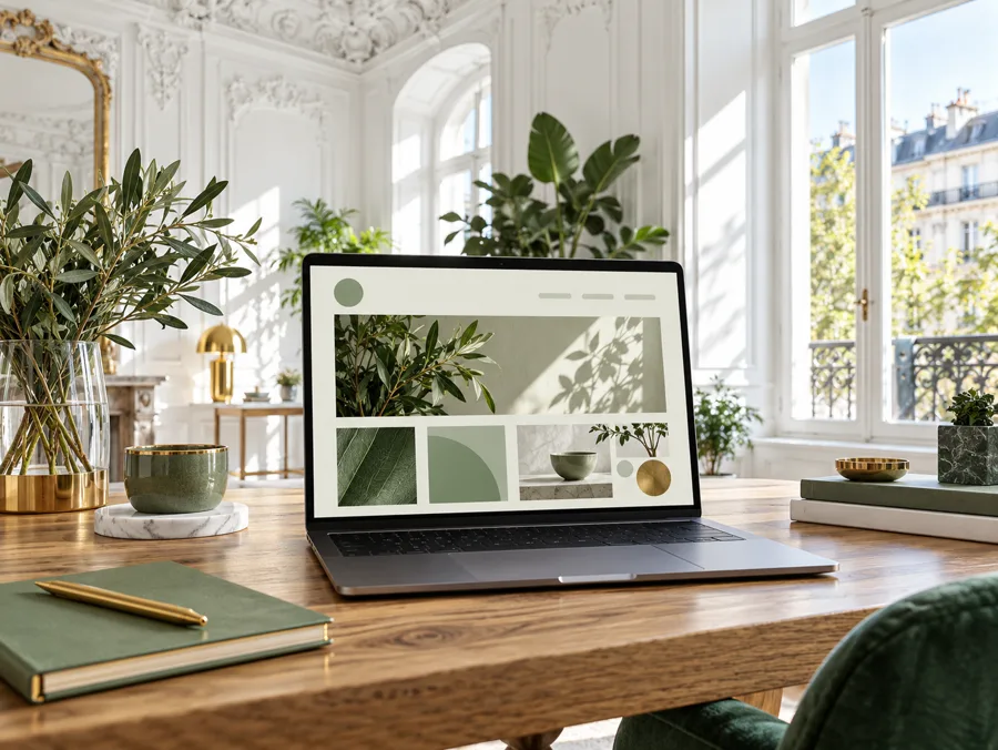Laptop mit salbeigrüner Website auf einem Holzschreibtisch vor hohen Altbaufenstern und Pflanzen
