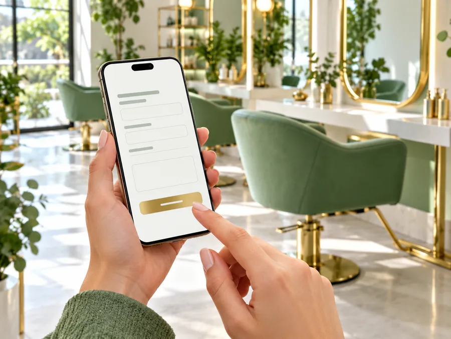 Hände bedienen ein Smartphone mit hellem Kontaktformular und goldenem Button in einem Salon mit salbeigrünen Stühlen